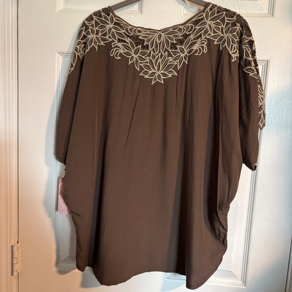 Boho Exotic Handmade In Bali Brown Floral Embroidered Lace Resort Vacation Top L - Picture 3 of 11